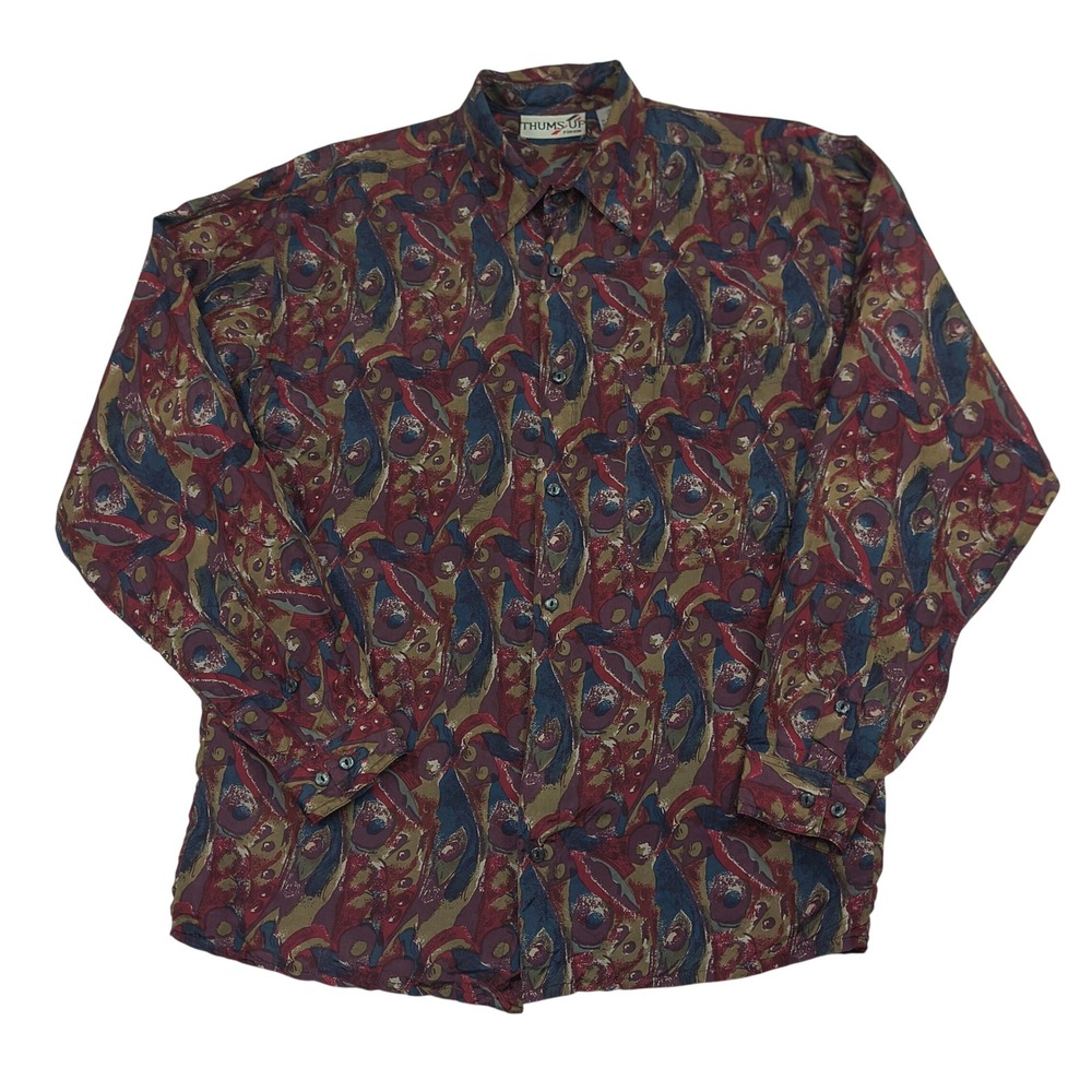 Thums Up For Him Mens Small Silk Button Down Shirt Abstract Geometric Print Red